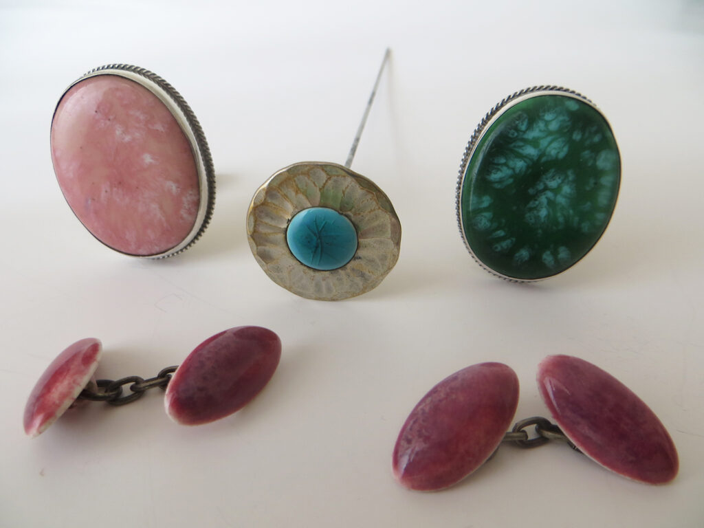 Ruskin brooches, hatpins and cufflinks.
