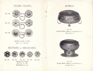 Pages from the A. E. Jones catalogue circa 1905, with illustrations of Ruskin enamels applied to the silver-work.