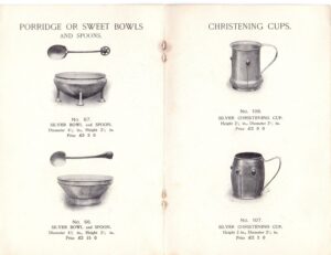 Pages from the A. E. Jones catalogue circa 1905, with illustrations of Ruskin enamels applied to the silver-work.