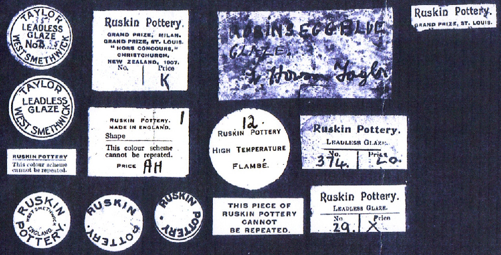 A variety of labels that can be found on Ruskin Pottery.