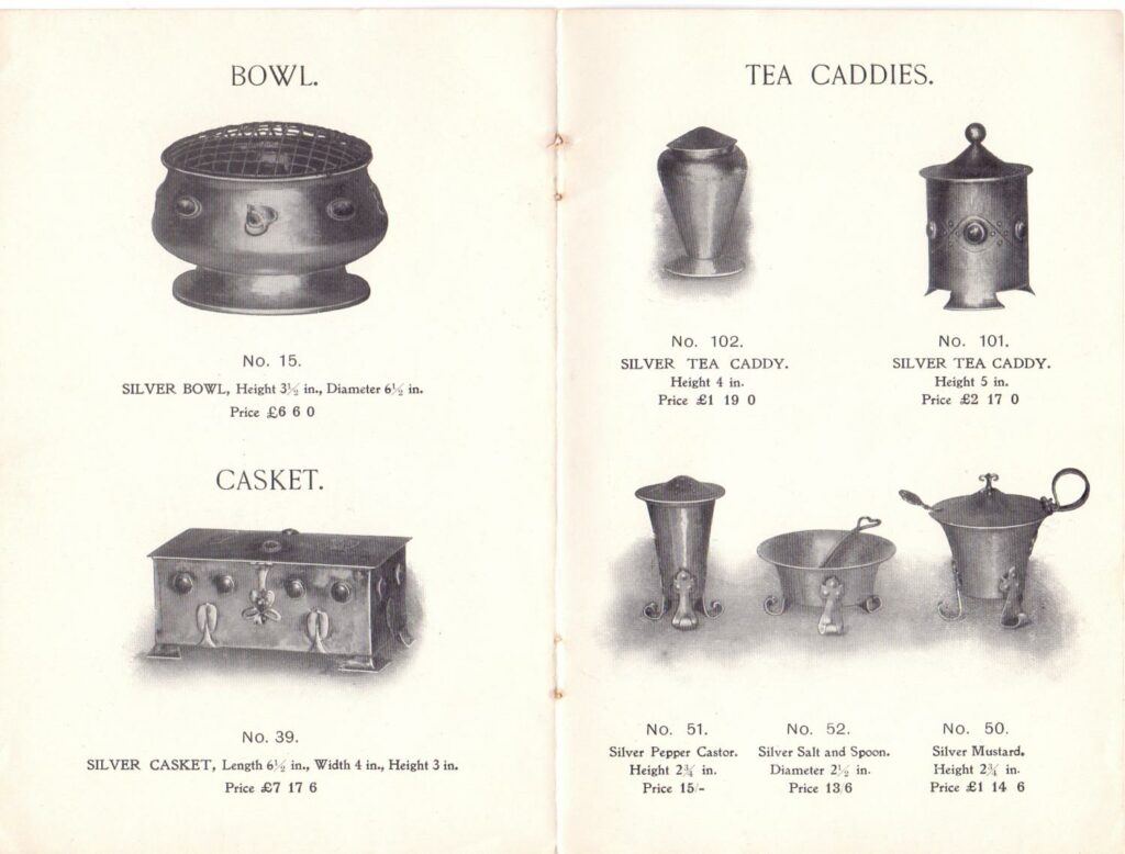 Pages from the A. E. Jones catalogue circa 1905, with illustrations of Ruskin enamels applied to the silver-work.