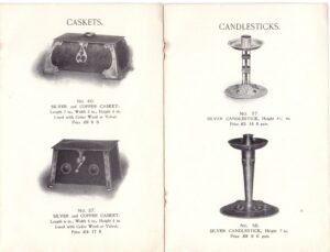 Pages from the A. E. Jones catalogue circa 1905, with illustrations of Ruskin enamels applied to the silver-work.